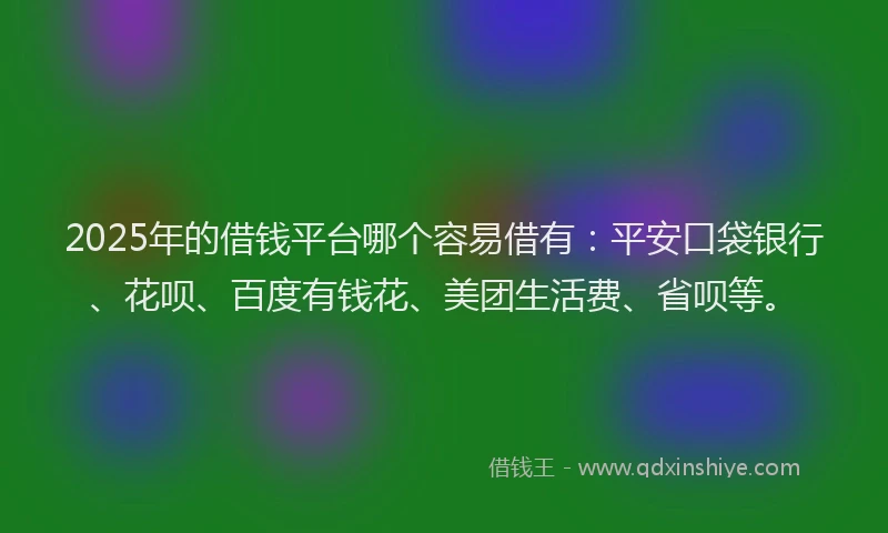2025年的借钱平台哪个容易借有：平安口袋银行、花呗、百度有钱花、美团生活费、省呗等。