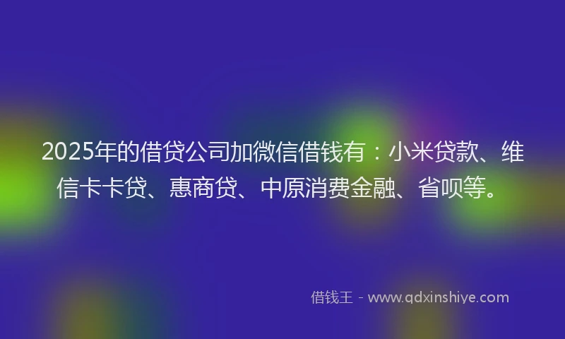 2025年的借贷公司加微信借钱有:小米贷款、维信卡卡贷、惠商贷、中原消费金融、省呗等。