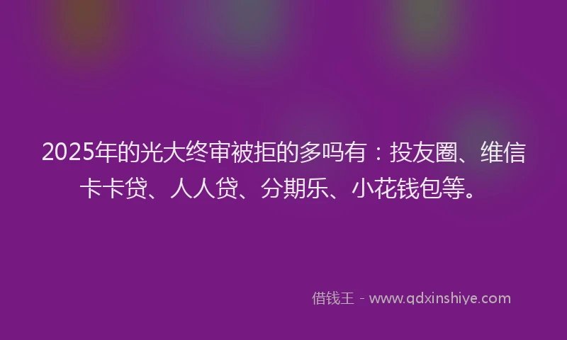 2025年的光大终审被拒的多吗有：投友圈、维信卡卡贷、人人贷、分期乐、小花钱包等。