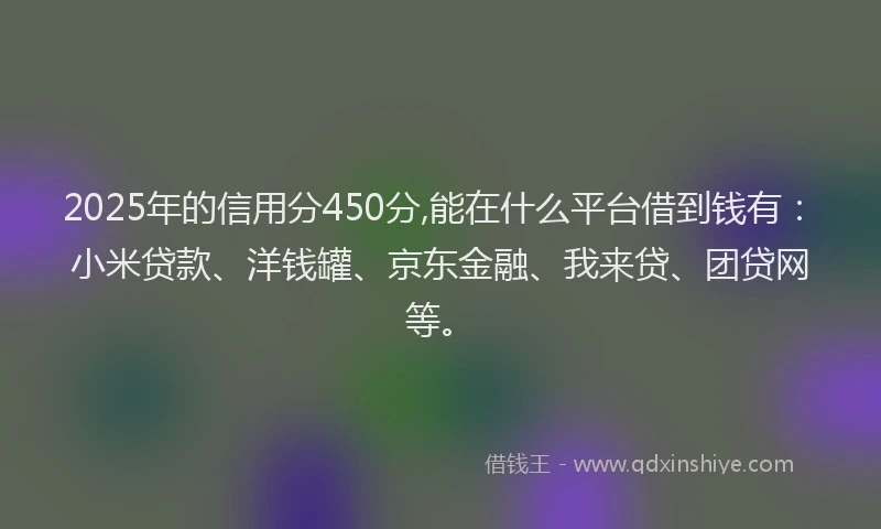 2025年的信用分450分,能在什么平台借到钱有:小米贷款、洋钱罐、京东金融、我来贷、团贷网等。