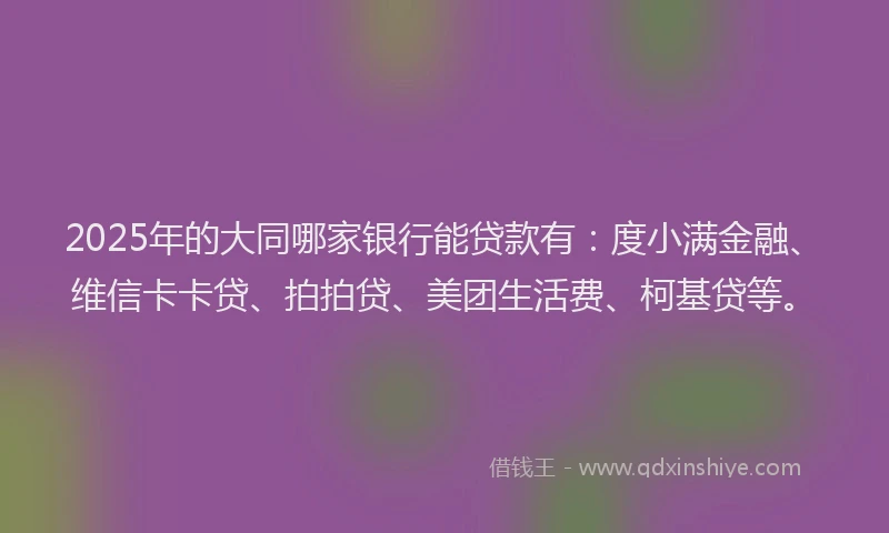 2025年的大同哪家银行能贷款有：度小满金融、维信卡卡贷、拍拍贷、美团生活费、柯基贷等。