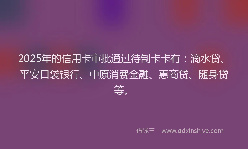 2025年的信用卡审批通过待制卡卡有：滴水贷、平安口袋银行、中原消费金融、惠商贷、随身贷等。