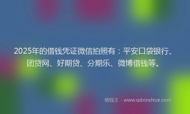 2025年的借钱凭证微信拍照有：平安口袋银行、团贷网、好期贷、分期乐、微博借钱等。