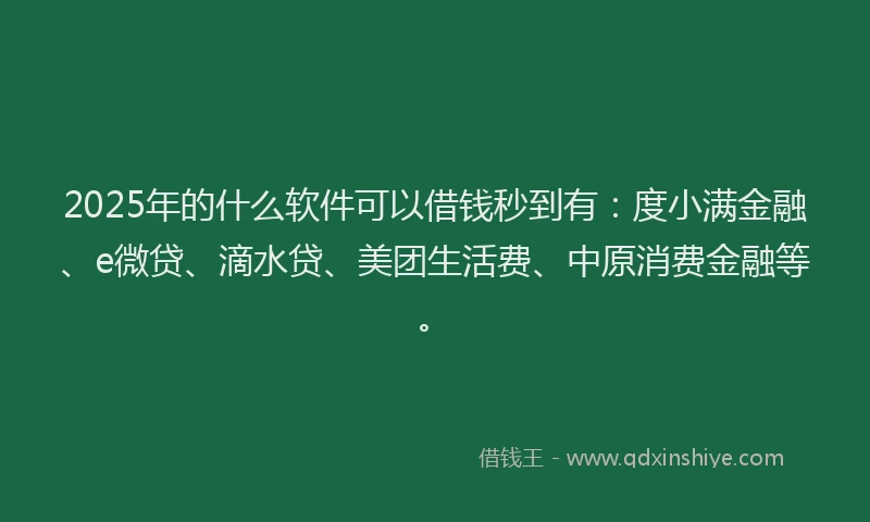 2025年的什么软件可以借钱秒到有：度小满金融、e微贷、滴水贷、美团生活费、中原消费金融等。