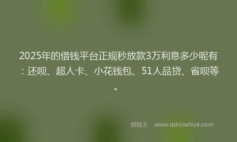 2025年的借钱平台正规秒放款3万利息多少呢有：还呗、超人卡、小花钱包、51人品贷、省呗等。