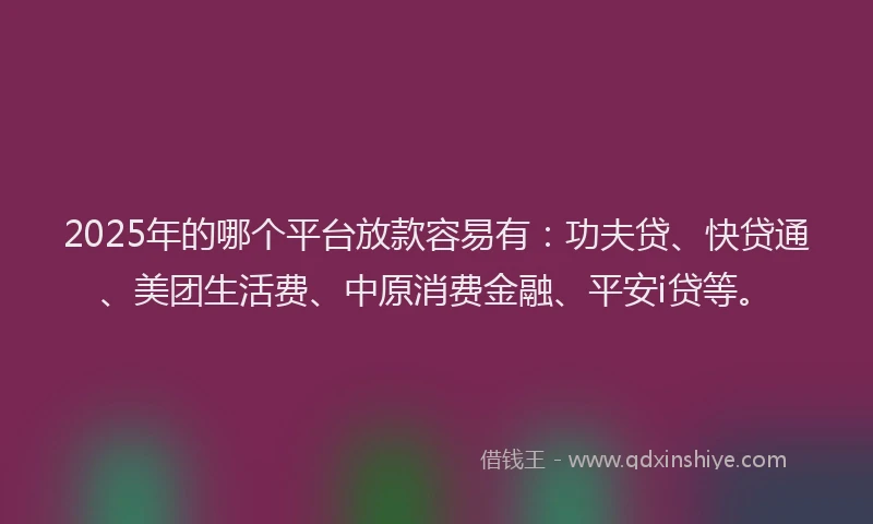 2025年的哪个平台放款容易有：功夫贷、快贷通、美团生活费、中原消费金融、平安i贷等。