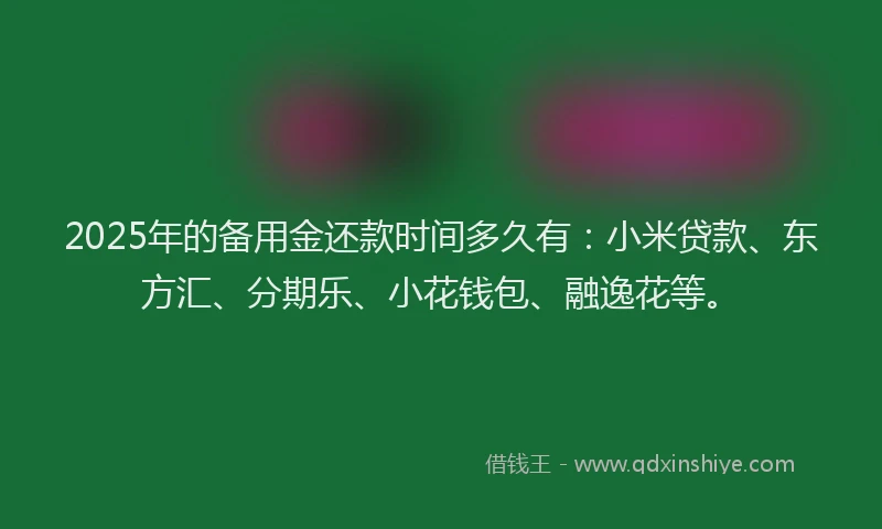 2025年的备用金还款时间多久有：小米贷款、东方汇、分期乐、小花钱包、融逸花等。