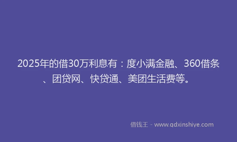 2025年的借30万利息有：度小满金融、360借条、团贷网、快贷通、美团生活费等。