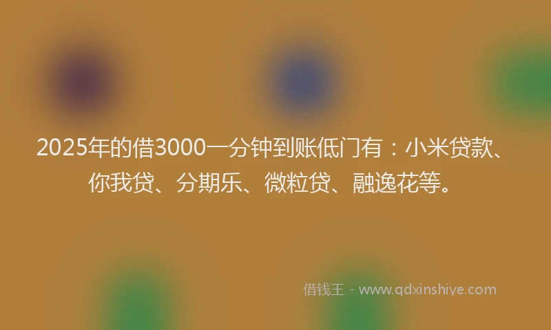 2025年的借3000一分钟到账低门有：小米贷款、你我贷、分期乐、微粒贷、融逸花等。