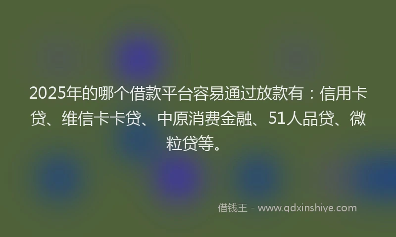 2025年的哪个借款平台容易通过放款有：信用卡贷、维信卡卡贷、中原消费金融、51人品贷、微粒贷等。