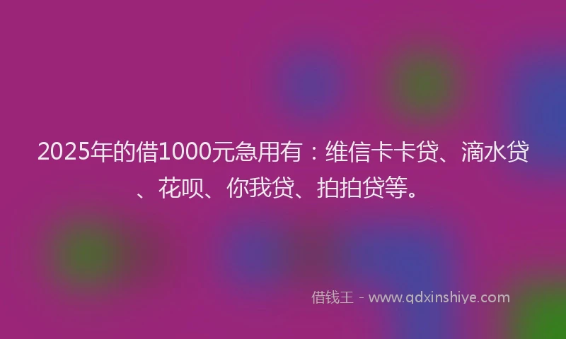 2025年的借1000元急用有：维信卡卡贷、滴水贷、花呗、你我贷、拍拍贷等。