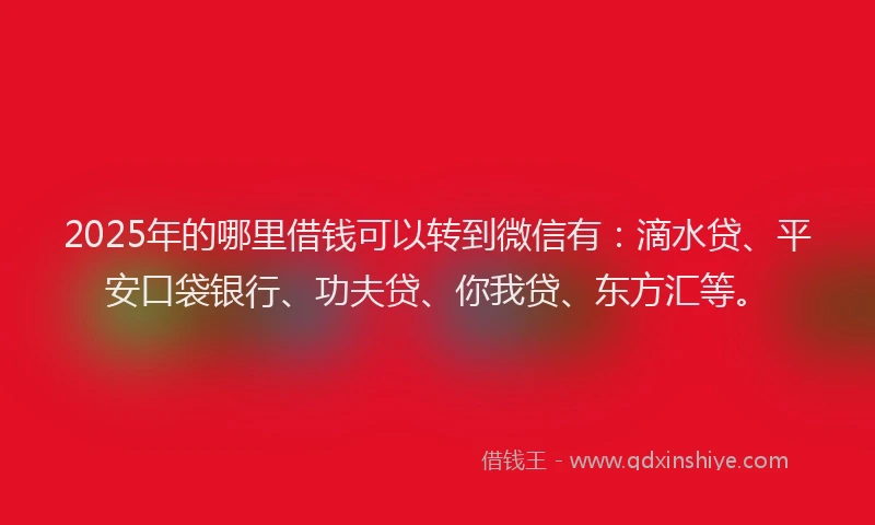 2025年的哪里借钱可以转到微信有：滴水贷、平安口袋银行、功夫贷、你我贷、东方汇等。