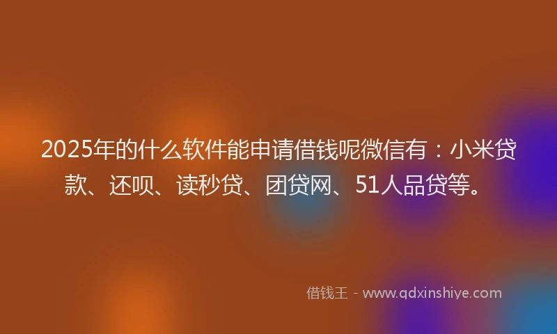 2025年的什么软件能申请借钱呢微信有：小米贷款、还呗、读秒贷、团贷网、51人品贷等。