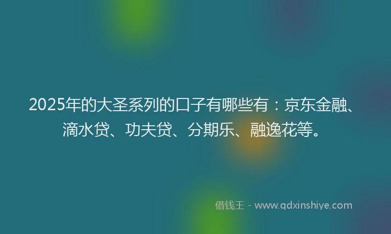 2025年的大圣系列的口子有哪些有：京东金融、滴水贷、功夫贷、分期乐、融逸花等。