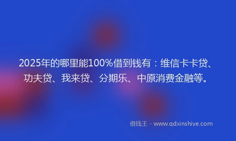2025年的哪里能100%借到钱有：维信卡卡贷、功夫贷、我来贷、分期乐、中原消费金融等。