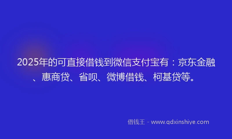 2025年的可直接借钱到微信支付宝有：京东金融、惠商贷、省呗、微博借钱、柯基贷等。