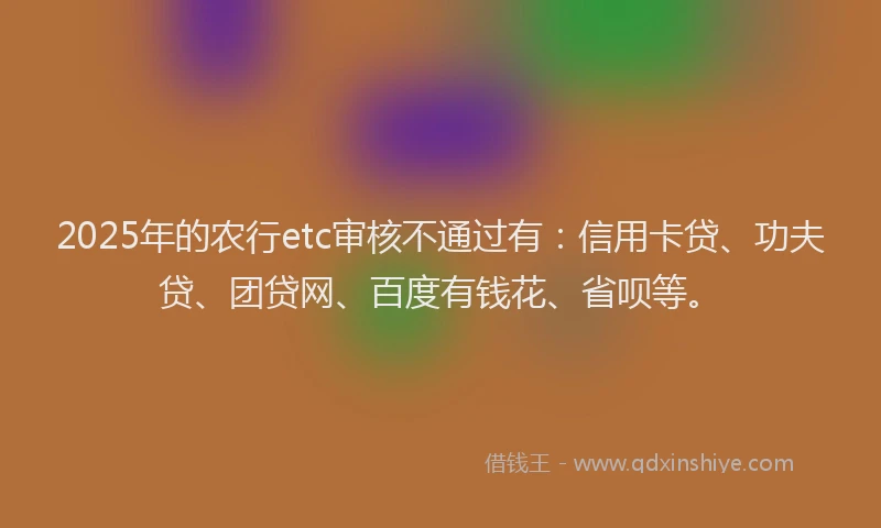 2025年的农行etc审核不通过有：信用卡贷、功夫贷、团贷网、百度有钱花、省呗等。