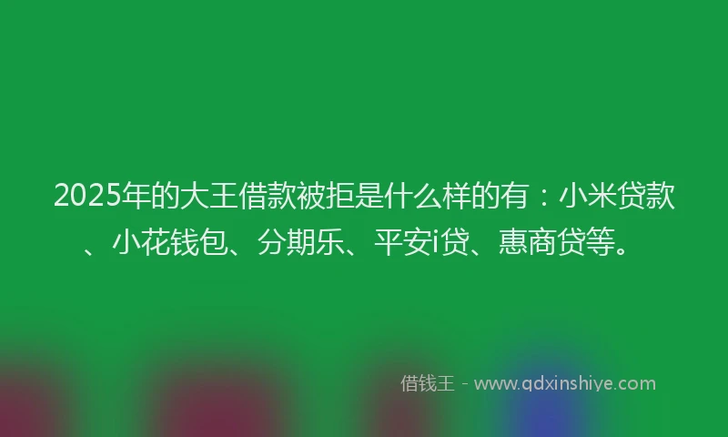 2025年的大王借款被拒是什么样的有：小米贷款、小花钱包、分期乐、平安i贷、惠商贷等。