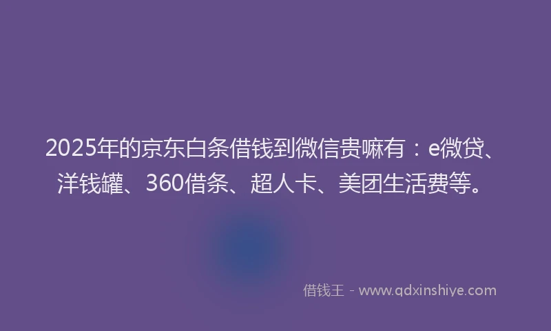 2025年的京东白条借钱到微信贵嘛有：e微贷、洋钱罐、360借条、超人卡、美团生活费等。