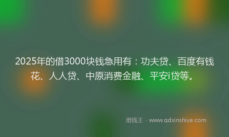 2025年的借3000块钱急用有：功夫贷、百度有钱花、人人贷、中原消费金融、平安i贷等。
