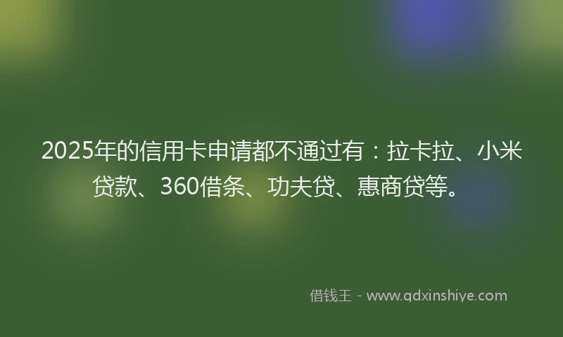 2025年的信用卡申请都不通过有：拉卡拉、小米贷款、360借条、功夫贷、惠商贷等。