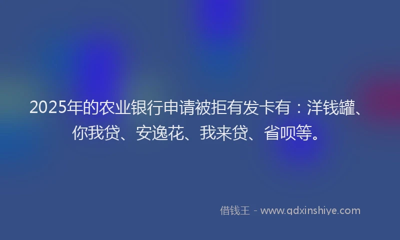 2025年的农业银行申请被拒有发卡有：洋钱罐、你我贷、安逸花、我来贷、省呗等。