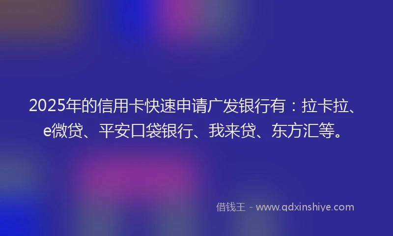 2025年的信用卡快速申请广发银行有：拉卡拉、e微贷、平安口袋银行、我来贷、东方汇等。
