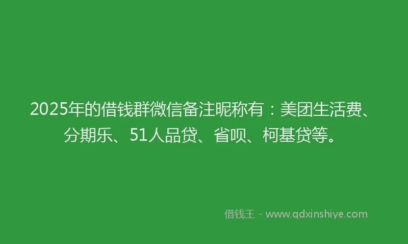 2025年的借钱群微信备注昵称有：美团生活费、分期乐、51人品贷、省呗、柯基贷等。