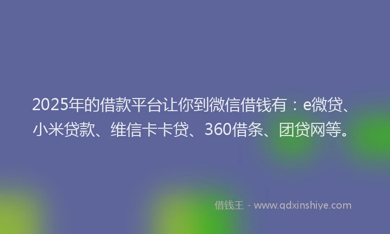2025年的借款平台让你到微信借钱有：e微贷、小米贷款、维信卡卡贷、360借条、团贷网等。