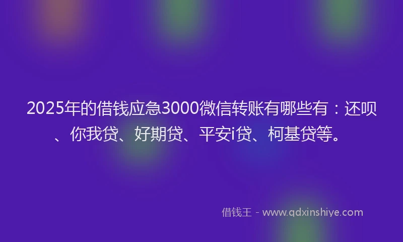 2025年的借钱应急3000微信转账有哪些有：还呗、你我贷、好期贷、平安i贷、柯基贷等。