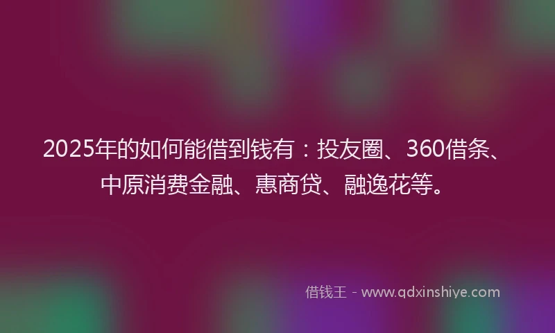 2025年的如何能借到钱有：投友圈、360借条、中原消费金融、惠商贷、融逸花等。