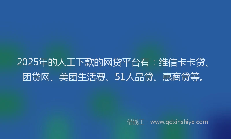 2025年的人工下款的网贷平台有：维信卡卡贷、团贷网、美团生活费、51人品贷、惠商贷等。