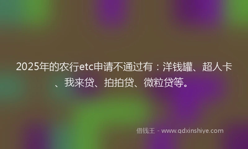 2025年的农行etc申请不通过有：洋钱罐、超人卡、我来贷、拍拍贷、微粒贷等。