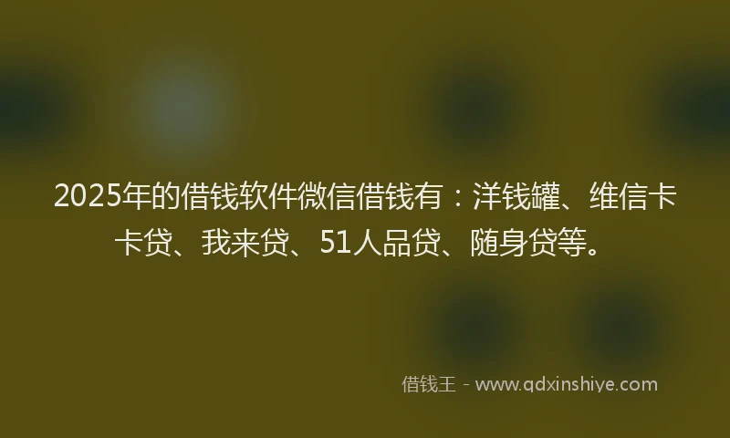 2025年的借钱软件微信借钱有：洋钱罐、维信卡卡贷、我来贷、51人品贷、随身贷等。