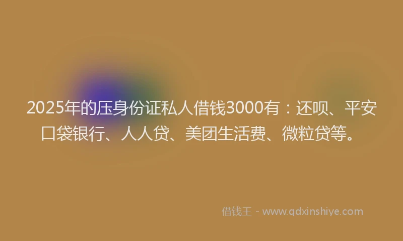 2025年的压身份证私人借钱3000有：还呗、平安口袋银行、人人贷、美团生活费、微粒贷等。