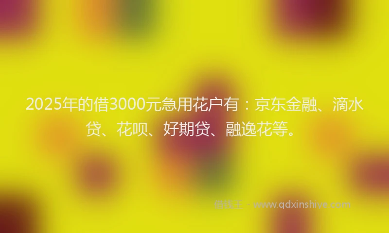 2025年的借3000元急用花户有：京东金融、滴水贷、花呗、好期贷、融逸花等。