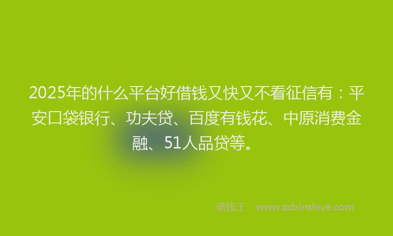 2025年的什么平台好借钱又快又不看征信有：平安口袋银行、功夫贷、百度有钱花、中原消费金融、51人品贷等。