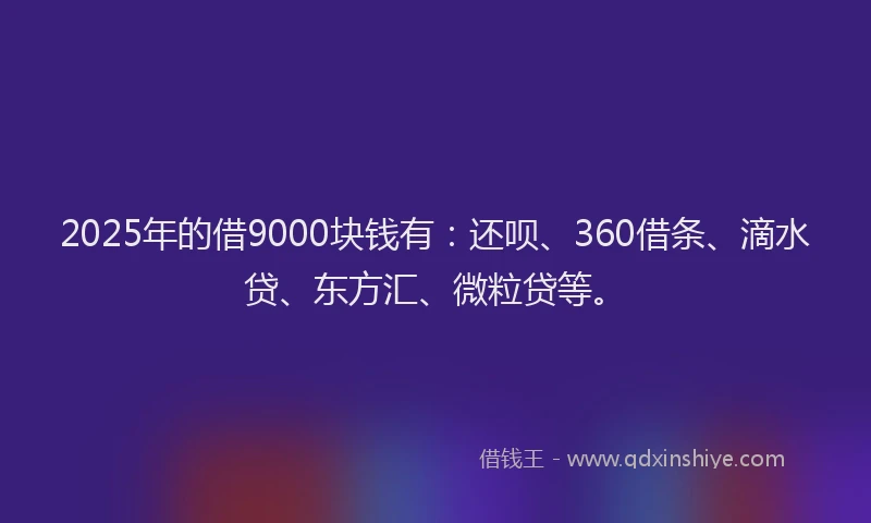 2025年的借9000块钱有：还呗、360借条、滴水贷、东方汇、微粒贷等。