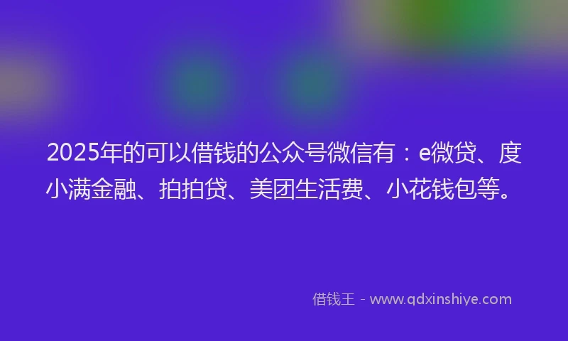 2025年的可以借钱的公众号微信有：e微贷、度小满金融、拍拍贷、美团生活费、小花钱包等。