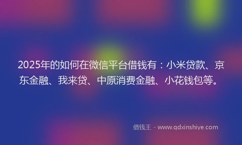 2025年的如何在微信平台借钱有：小米贷款、京东金融、我来贷、中原消费金融、小花钱包等。
