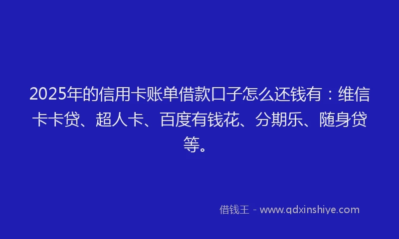 2025年的信用卡账单借款口子怎么还钱有：维信卡卡贷、超人卡、百度有钱花、分期乐、随身贷等。