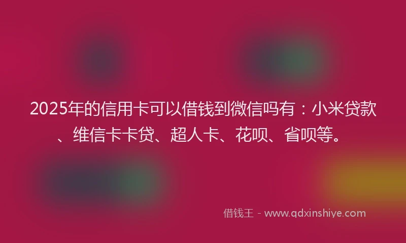 2025年的信用卡可以借钱到微信吗有：小米贷款、维信卡卡贷、超人卡、花呗、省呗等。