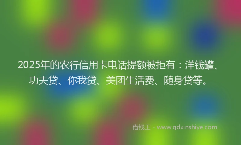 2025年的农行信用卡电话提额被拒有：洋钱罐、功夫贷、你我贷、美团生活费、随身贷等。