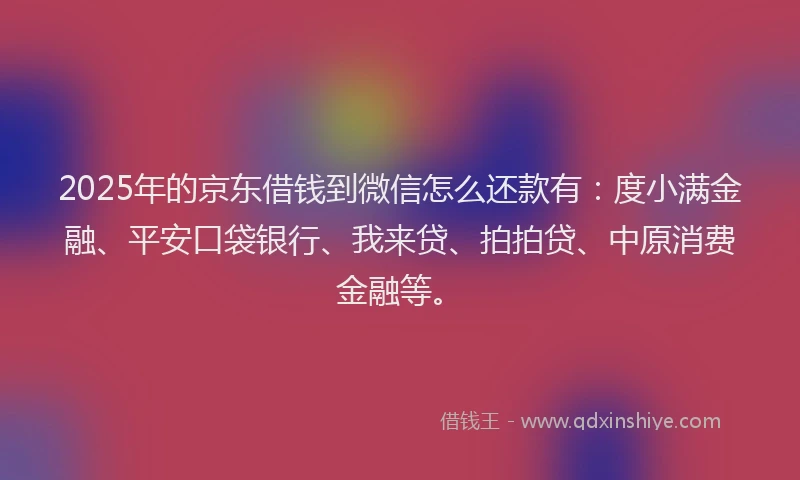 2025年的京东借钱到微信怎么还款有：度小满金融、平安口袋银行、我来贷、拍拍贷、中原消费金融等。