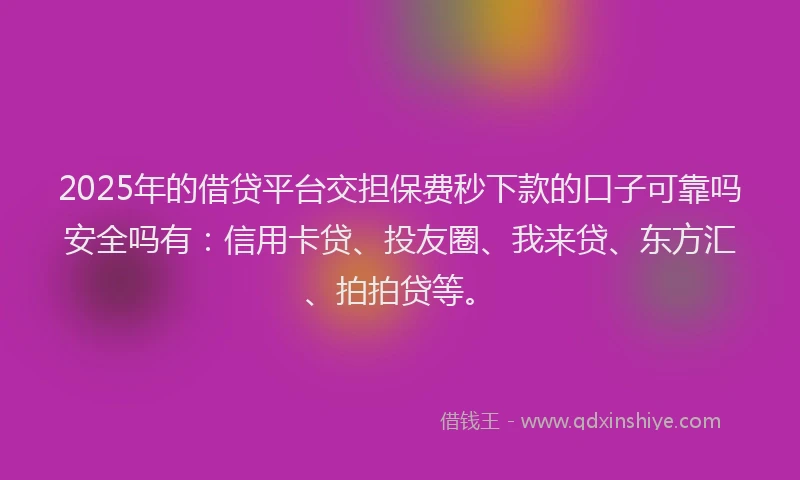 2025年的借贷平台交担保费秒下款的口子可靠吗安全吗有：信用卡贷、投友圈、我来贷、东方汇、拍拍贷等。