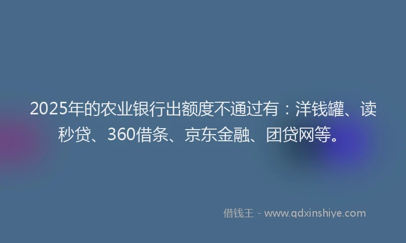 2025年的农业银行出额度不通过有:洋钱罐、读秒贷、360借条、京东金融、团贷网等。