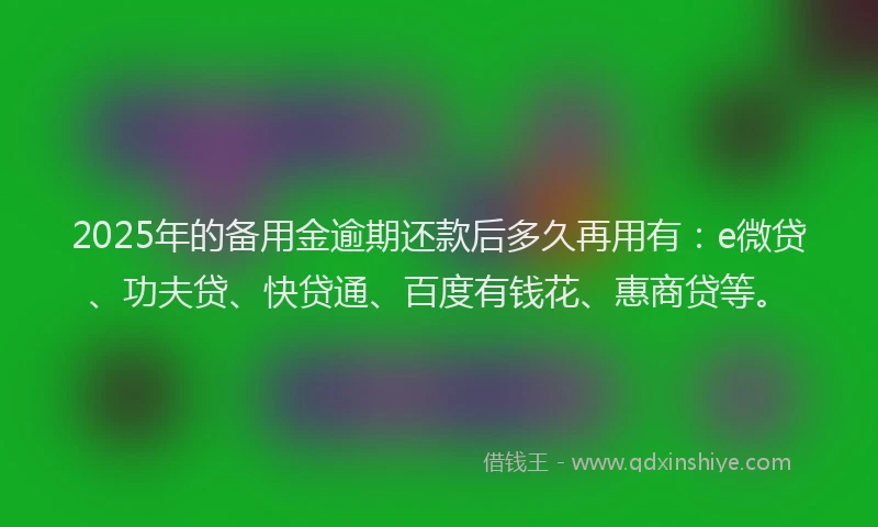 2025年的备用金逾期还款后多久再用有：e微贷、功夫贷、快贷通、百度有钱花、惠商贷等。
