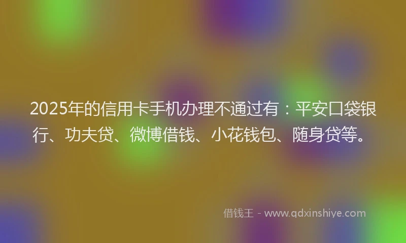 2025年的信用卡手机办理不通过有：平安口袋银行、功夫贷、微博借钱、小花钱包、随身贷等。