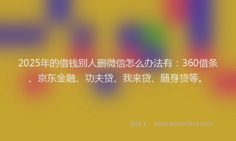 2025年的借钱别人删微信怎么办法有：360借条、京东金融、功夫贷、我来贷、随身贷等。