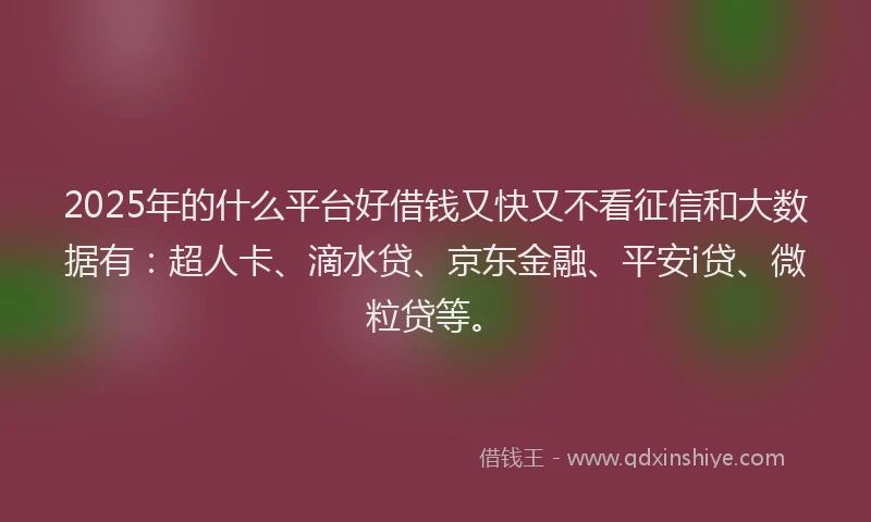 2025年的什么平台好借钱又快又不看征信和大数据有：超人卡、滴水贷、京东金融、平安i贷、微粒贷等。
